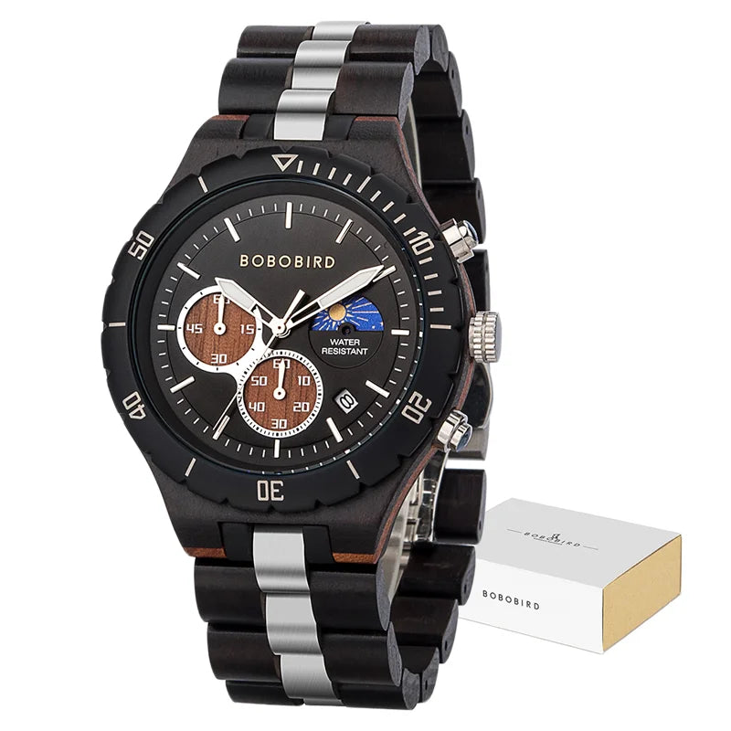 Bobo Bird Men Wooden Watch Sun Moon Display Luxury Elite