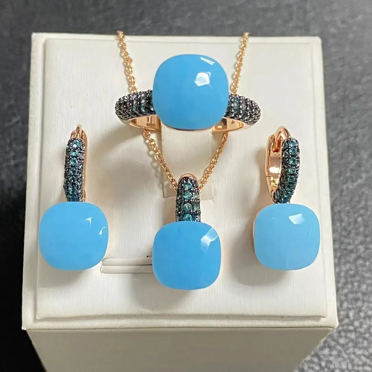 Gun Black Plated Blue Zircon Jewelry Set for Women Includes Ring Earrings Necklace Elegant Crystal Blue Topaz Gift
