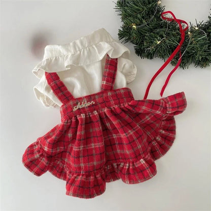 Autumn Winter Embroidered Strap Plaid Bow Skirt And Coat For Small Medium Dogs