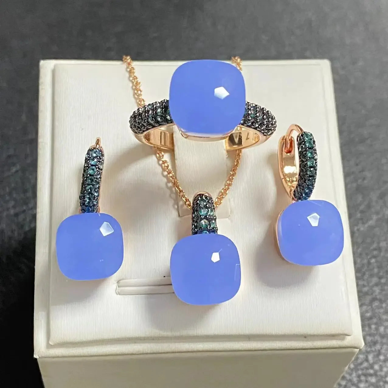 Gun Black Plated Blue Zircon Jewelry Set for Women Includes Ring Earrings Necklace Elegant Crystal Blue Topaz Gift