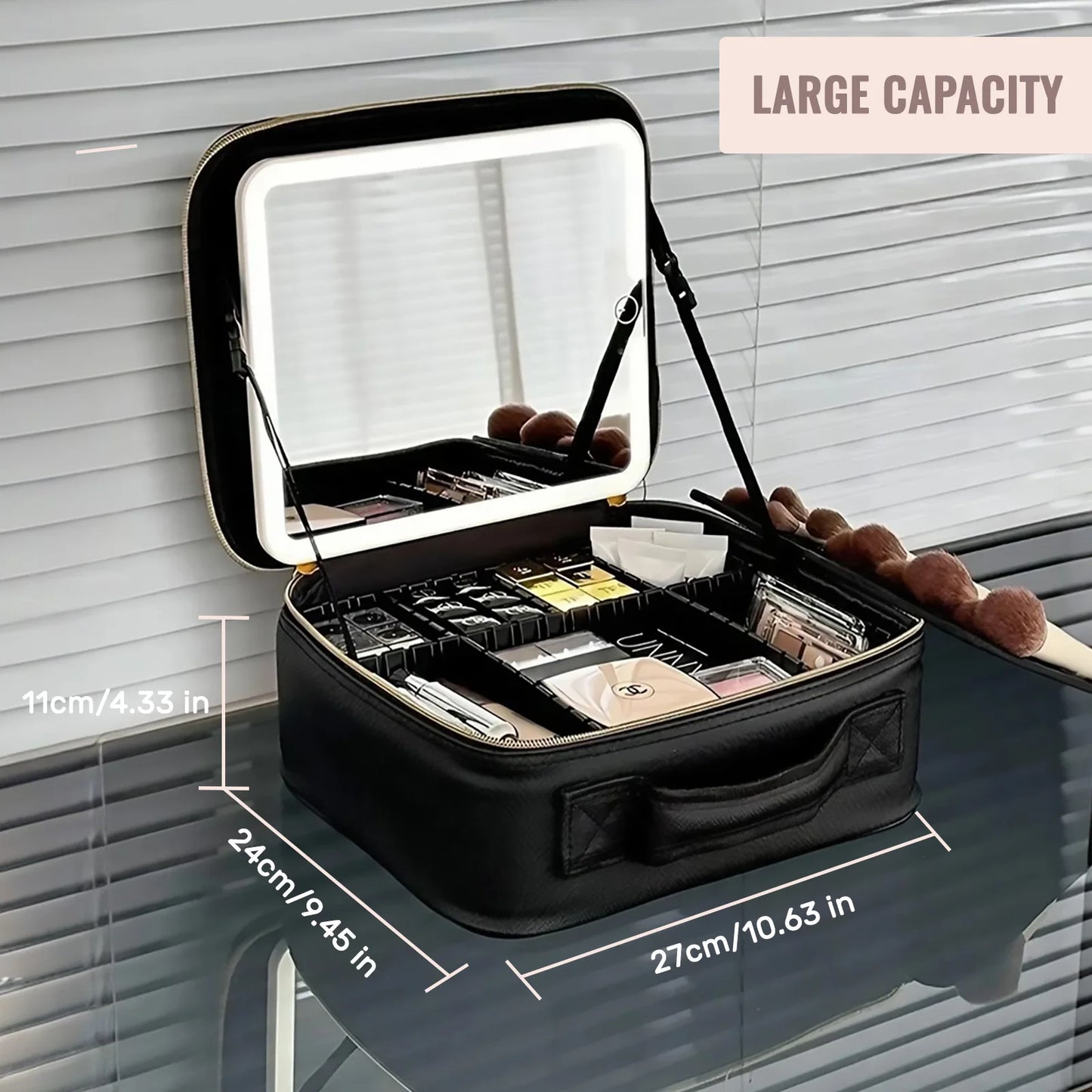 Travel Makeup Bag With LED Lighted Mirror Dividers Case