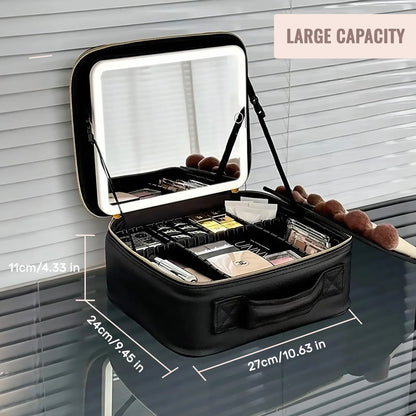 Travel Makeup Bag With LED Lighted Mirror Dividers Case