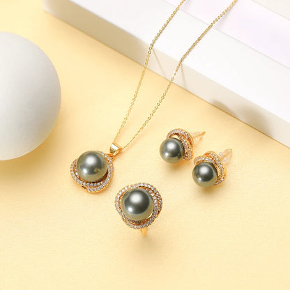 12mm Pearl Necklace Set for Women Pendant Ring and Earrings White Round Pearl Jewelry Gift for Wedding Party