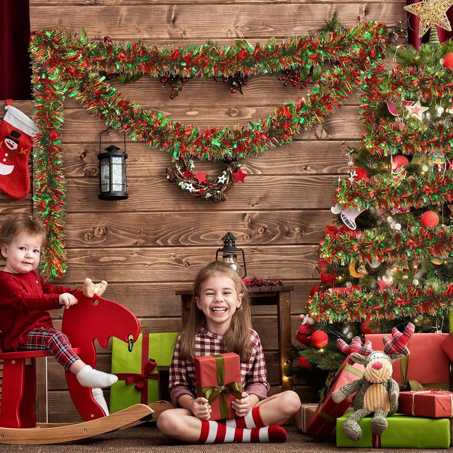 Christmas Tinsel Garlands 50M Red Green Decoration for Bar Tops Wreath Tree