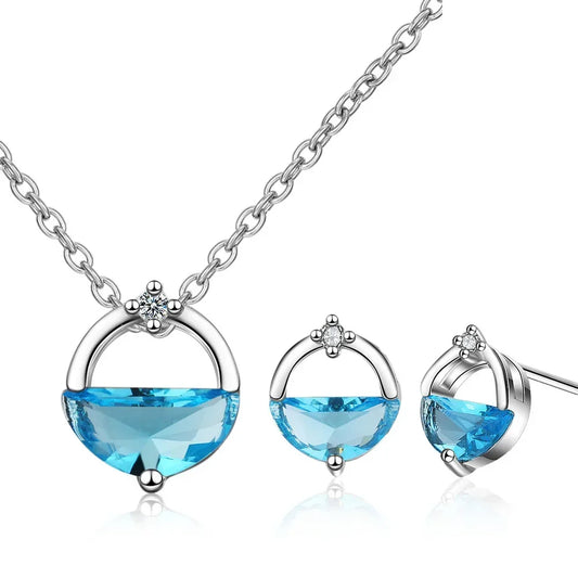 925 Sterling Silver Blue Crystal Elegant Jewelry Sets For Women Wedding Earrings And Necklace