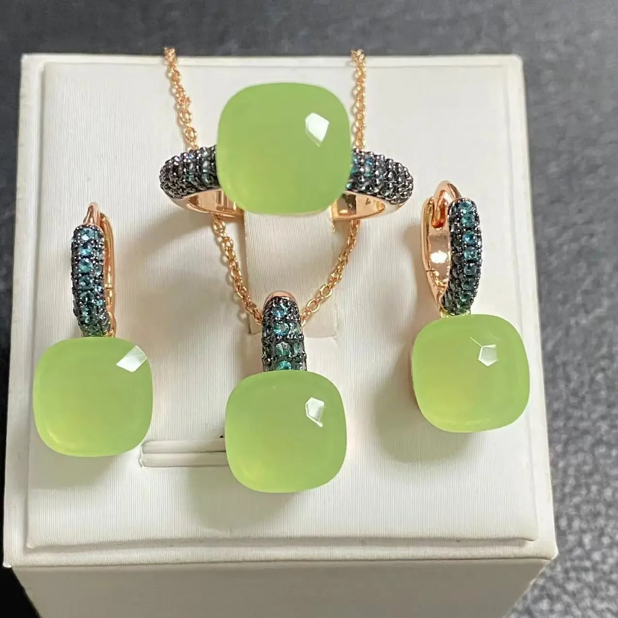 Gun Black Plated Blue Zircon Jewelry Set for Women Includes Ring Earrings Necklace Elegant Crystal Blue Topaz Gift