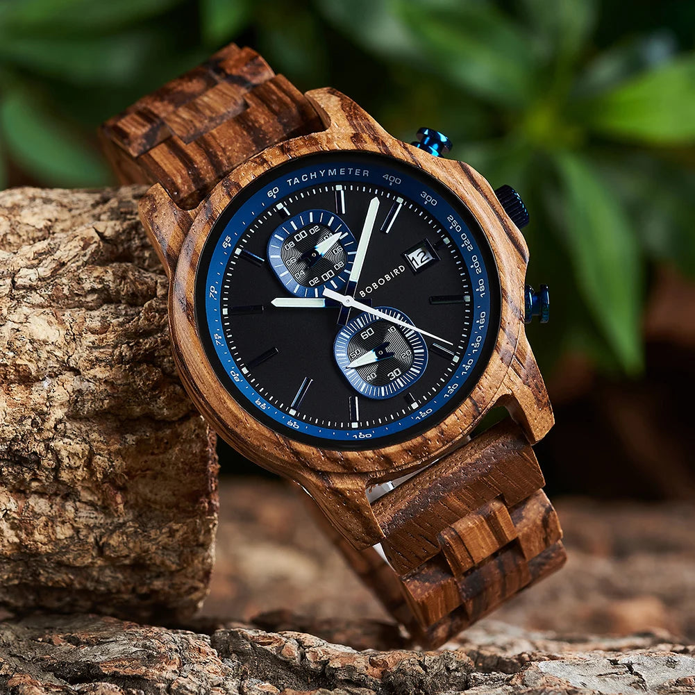 Bobo Bird Wood Watch For Men Luxury Chronograph Auto Date
