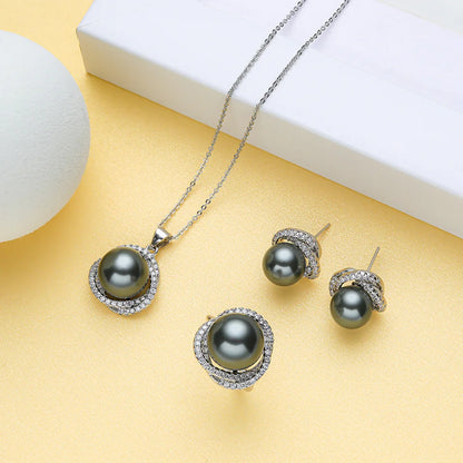 12mm Pearl Necklace Set for Women Pendant Ring and Earrings White Round Pearl Jewelry Gift for Wedding Party