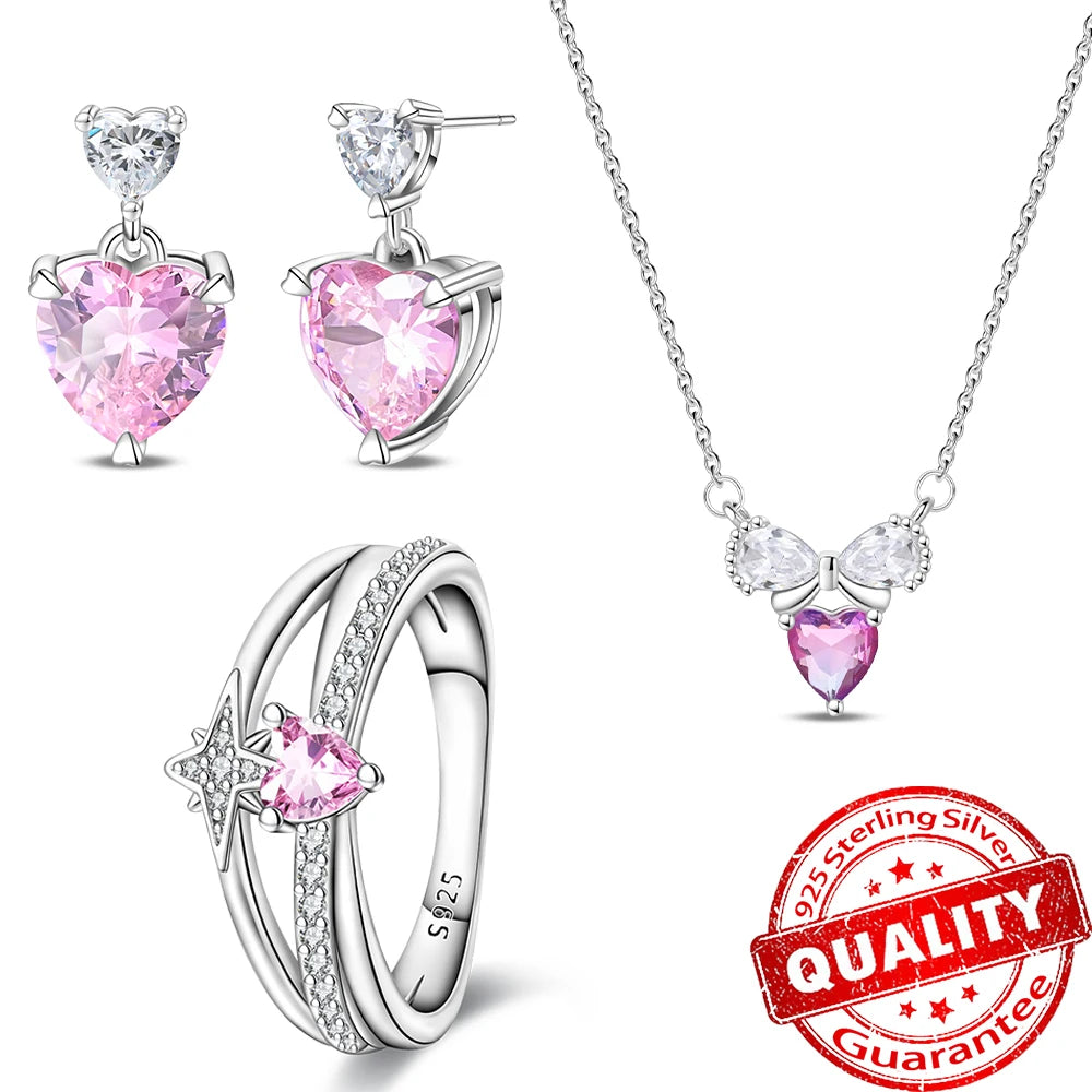 925 Sterling Silver Pink Bow Heart Crystal Jewelry Set Ring Necklace Earrings Romantic Wedding Gift