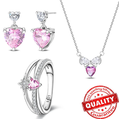 925 Sterling Silver Pink Bow Heart Crystal Jewelry Set Ring Necklace Earrings Romantic Wedding Gift