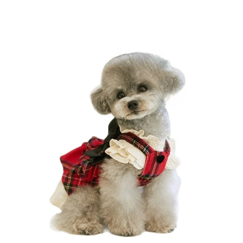 Pet Christmas Checkered Dog Dress Tulle Strap Skirt Puppy Clothes for Small Dogs