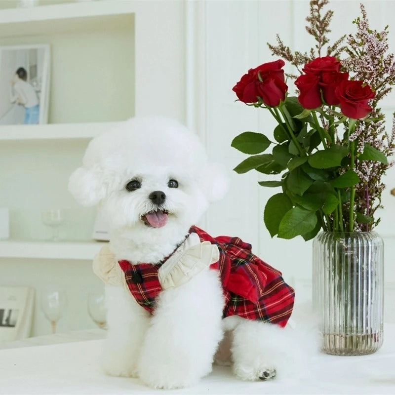 Pet Christmas Checkered Dog Dress Tulle Strap Skirt Puppy Clothes for Small Dogs