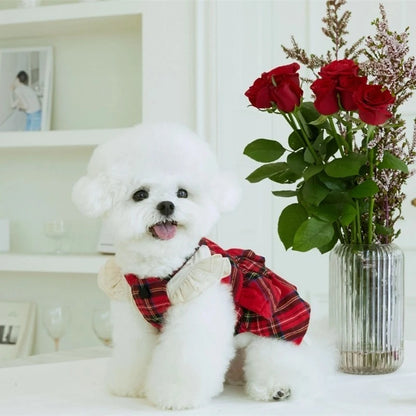 Pet Christmas Checkered Dog Dress Tulle Strap Skirt Puppy Clothes for Small Dogs