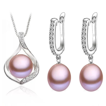 Real Natural Freshwater Pearl Necklace and Earrings Set for Women 925 Sterling Silver White Pearl Jewelry Gift