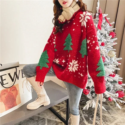 Korean Thickened Color Block Christmas Sweater Women Hoodie Loose Round Neck