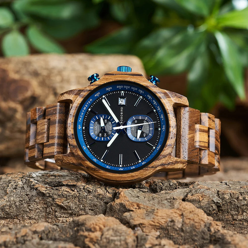 Bobo Bird Wood Watch For Men Luxury Chronograph Auto Date