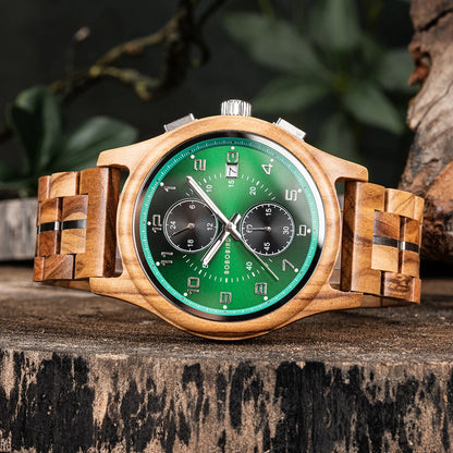 Bobo Bird Mens Wooden Chronograph Watch With Luminous Hands