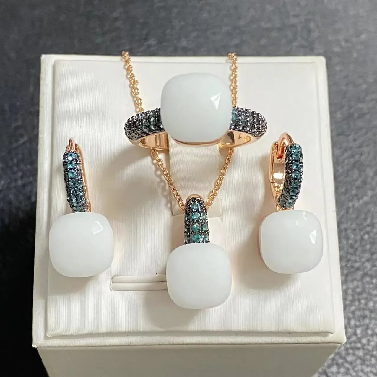 Gun Black Plated Blue Zircon Jewelry Set for Women Includes Ring Earrings Necklace Elegant Crystal Blue Topaz Gift