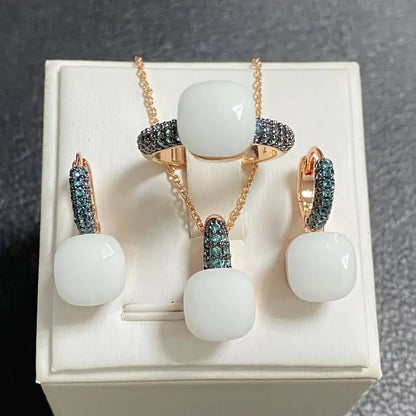 Gun Black Plated Blue Zircon Jewelry Set for Women Includes Ring Earrings Necklace Elegant Crystal Blue Topaz Gift