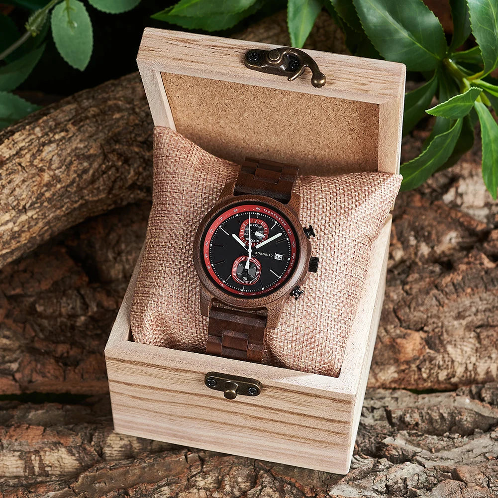 Bobo Bird Wood Watch For Men Luxury Chronograph Auto Date