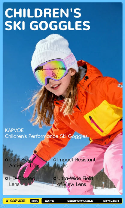 Kapvoe Child Snow Goggles UV400 Anti Fog Lenses Ski Snowboard Glasses