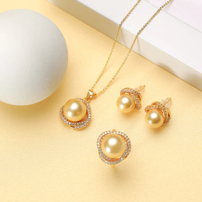 12mm Pearl Necklace Set for Women Pendant Ring and Earrings White Round Pearl Jewelry Gift for Wedding Party