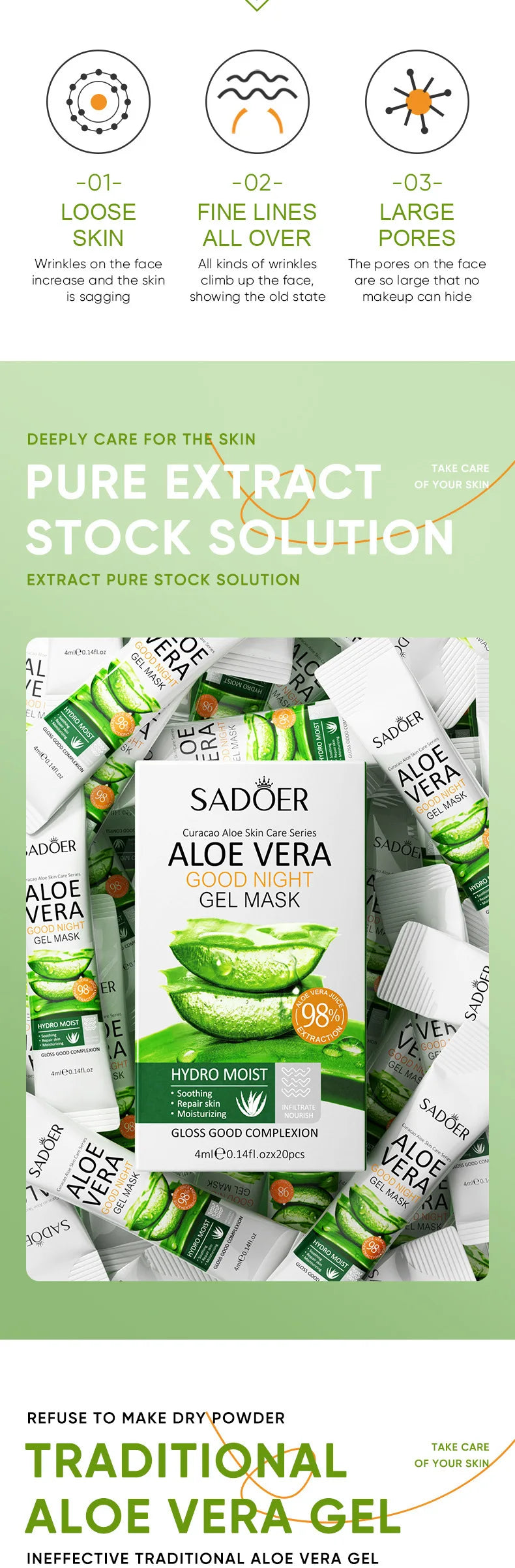 Sadoer Aloe Vera Sleeping Facial Masks 20 Pack Hydrating Moisturizing Anti Aging