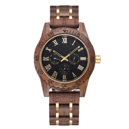 Wooden Men Wristwatch Quartz Date Week Wood Box Gift