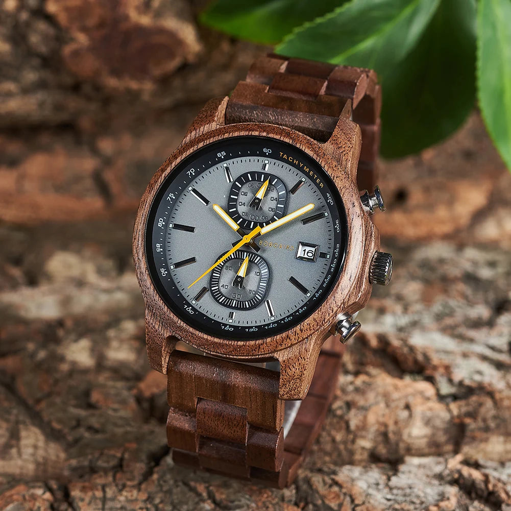 Bobo Bird Wood Watch For Men Luxury Chronograph Auto Date
