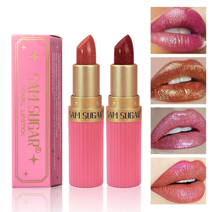 Pearlescent Pink Glitter Velvet Lipstick Waterproof Long Lasting Matte Lip Color