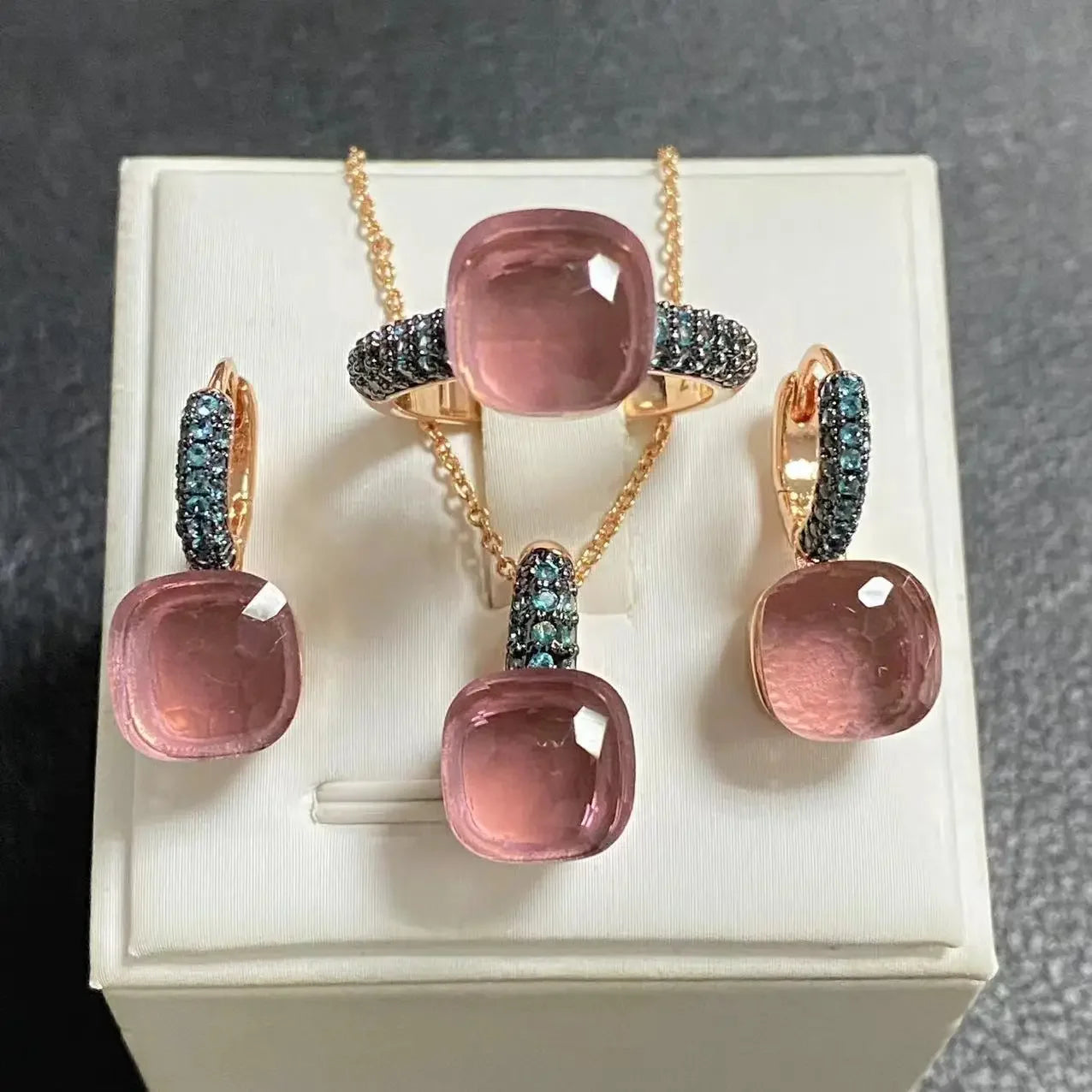 Gun Black Plated Blue Zircon Jewelry Set for Women Includes Ring Earrings Necklace Elegant Crystal Blue Topaz Gift