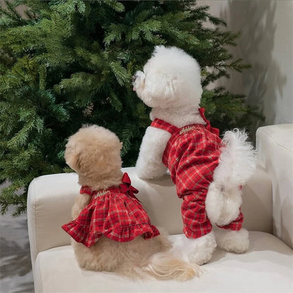 Autumn Winter Embroidered Strap Plaid Bow Skirt And Coat For Small Medium Dogs