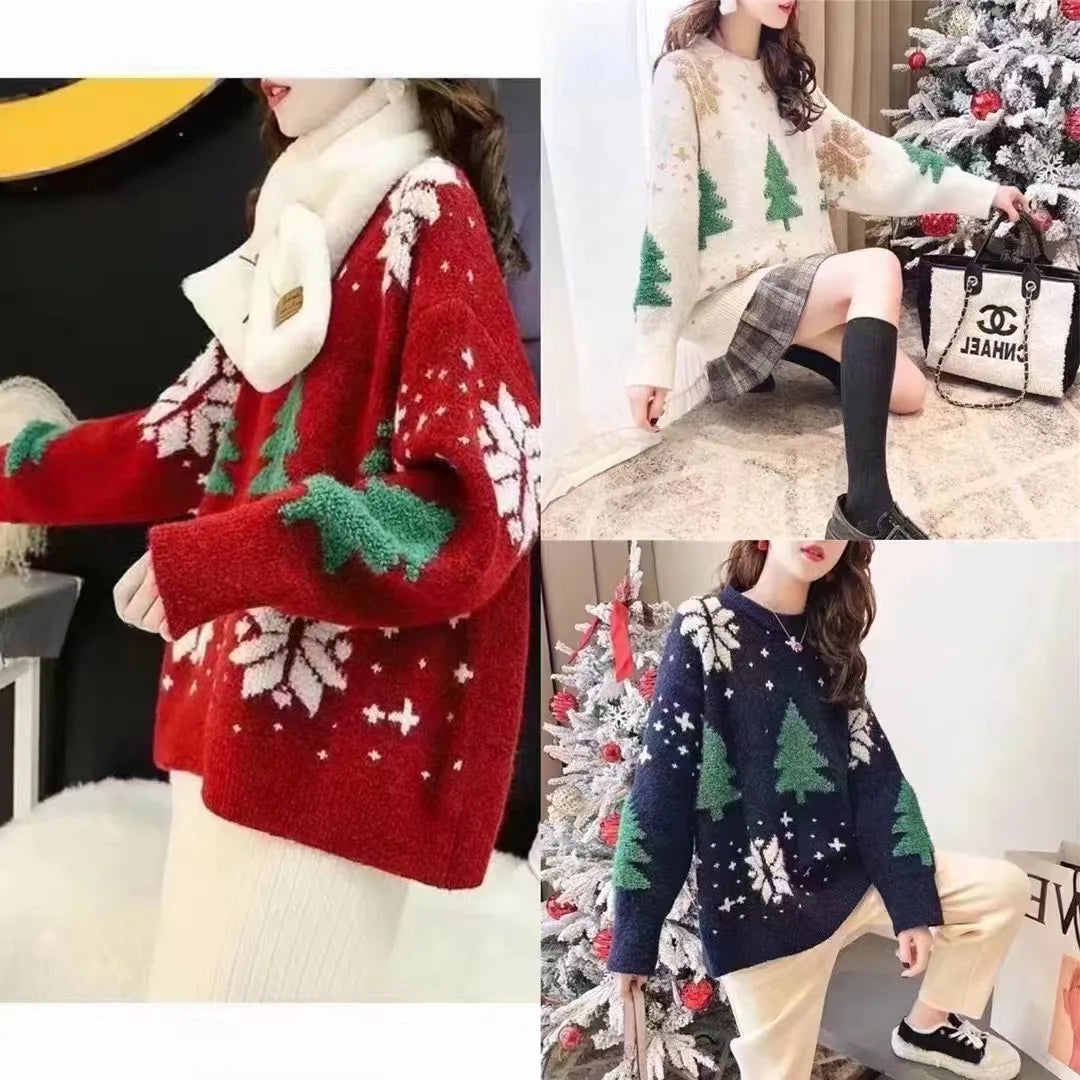 Korean Thickened Color Block Christmas Sweater Women Hoodie Loose Round Neck