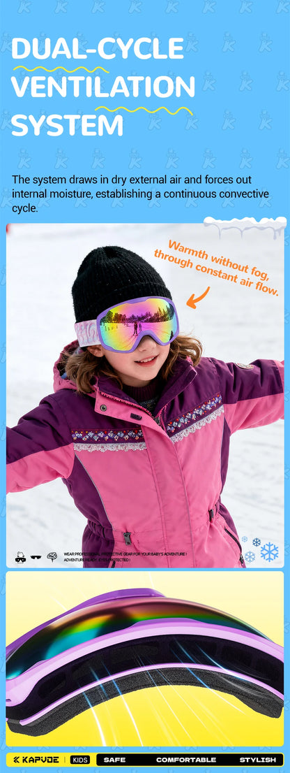 Kapvoe Child Snow Goggles UV400 Anti Fog Lenses Ski Snowboard Glasses