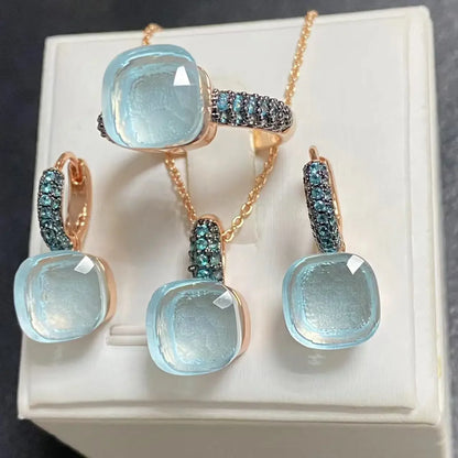 Gun Black Plated Blue Zircon Jewelry Set for Women Includes Ring Earrings Necklace Elegant Crystal Blue Topaz Gift