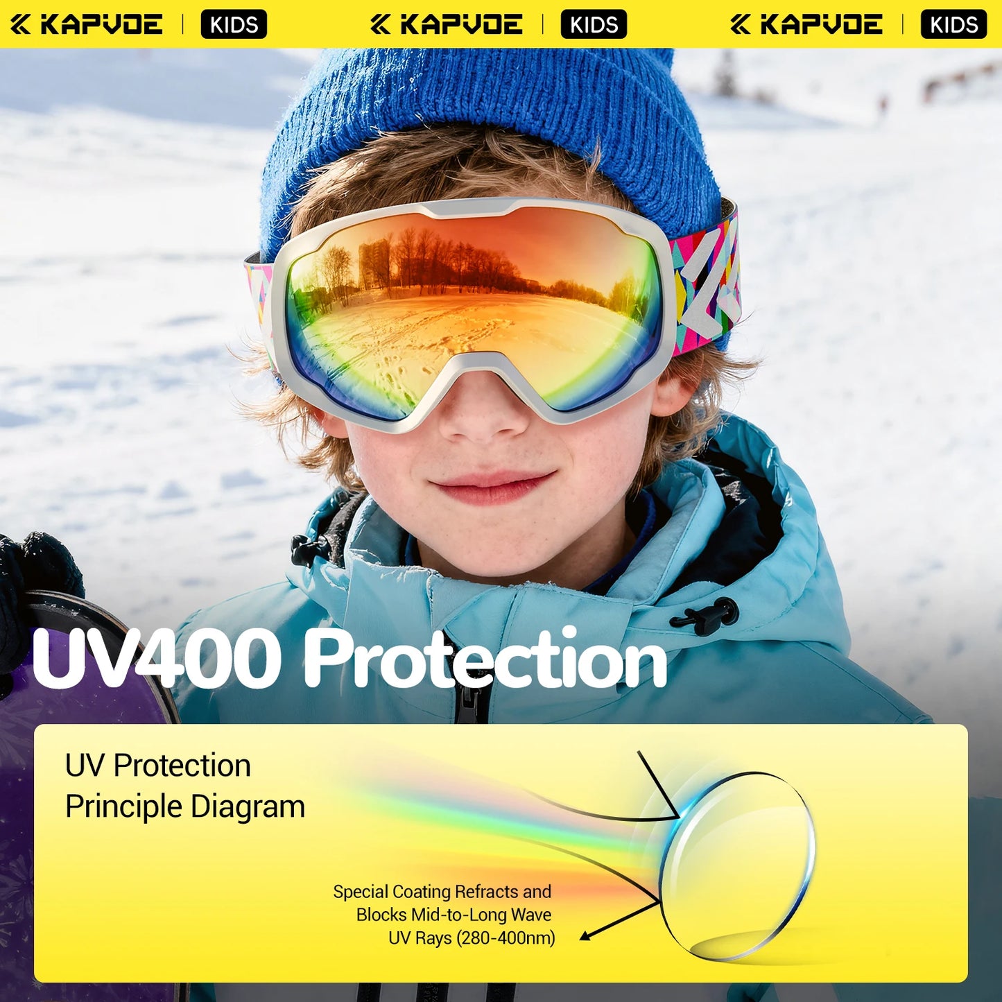 Kapvoe Child Snow Goggles UV400 Anti Fog Lenses Ski Snowboard Glasses