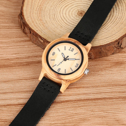 Brown Leather Wooden Watch Elegant Womens Quartz Timepiece