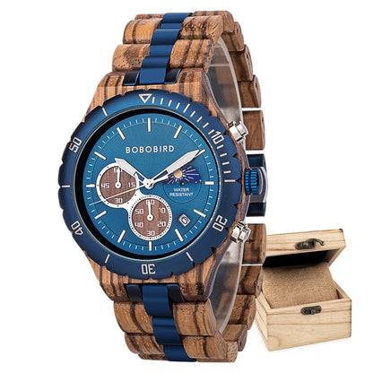 Bobo Bird Men Wooden Watch Sun Moon Display Luxury Elite