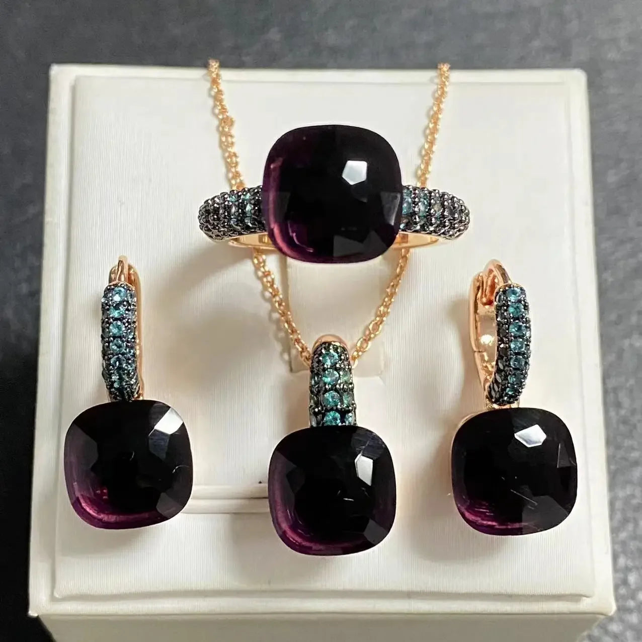 Gun Black Plated Blue Zircon Jewelry Set for Women Includes Ring Earrings Necklace Elegant Crystal Blue Topaz Gift