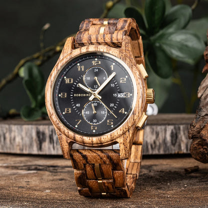 Bobo Bird Mens Wooden Chronograph Watch With Luminous Hands