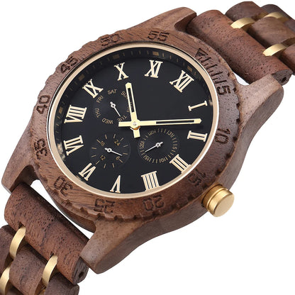 Wooden Wristwatch For Men Quartz Date Week Timepiece Box