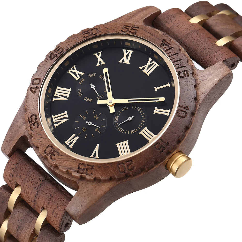 Wooden Men Wristwatch Quartz Date Week Wood Box Gift