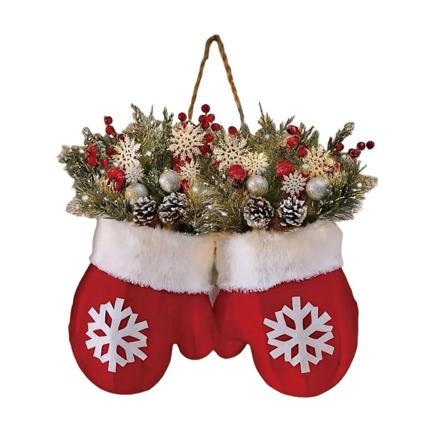 Glove-shaped Christmas garland wreath with red mittens, white fur trim, pinecones and berries for window or door decor.