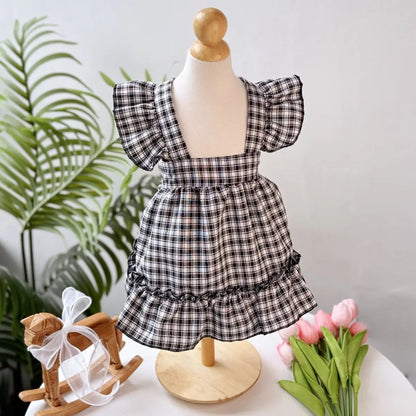 Plaid Spring Summer Dog Vest Red Skirt Flying Sleeve Clothes for Small Dogs