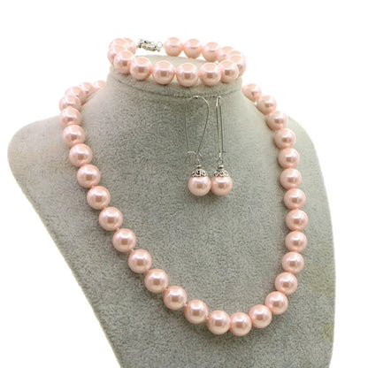 12mm Pink Pearl Jewelry Set For Women Necklace Bracelet Earrings Fashion Gift Sets For Mothers Day Anniversary Christmas