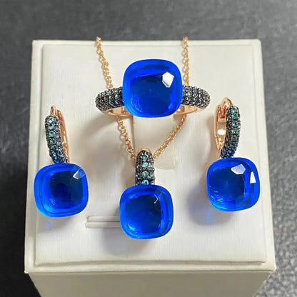 Gun Black Plated Blue Zircon Jewelry Set for Women Includes Ring Earrings Necklace Elegant Crystal Blue Topaz Gift