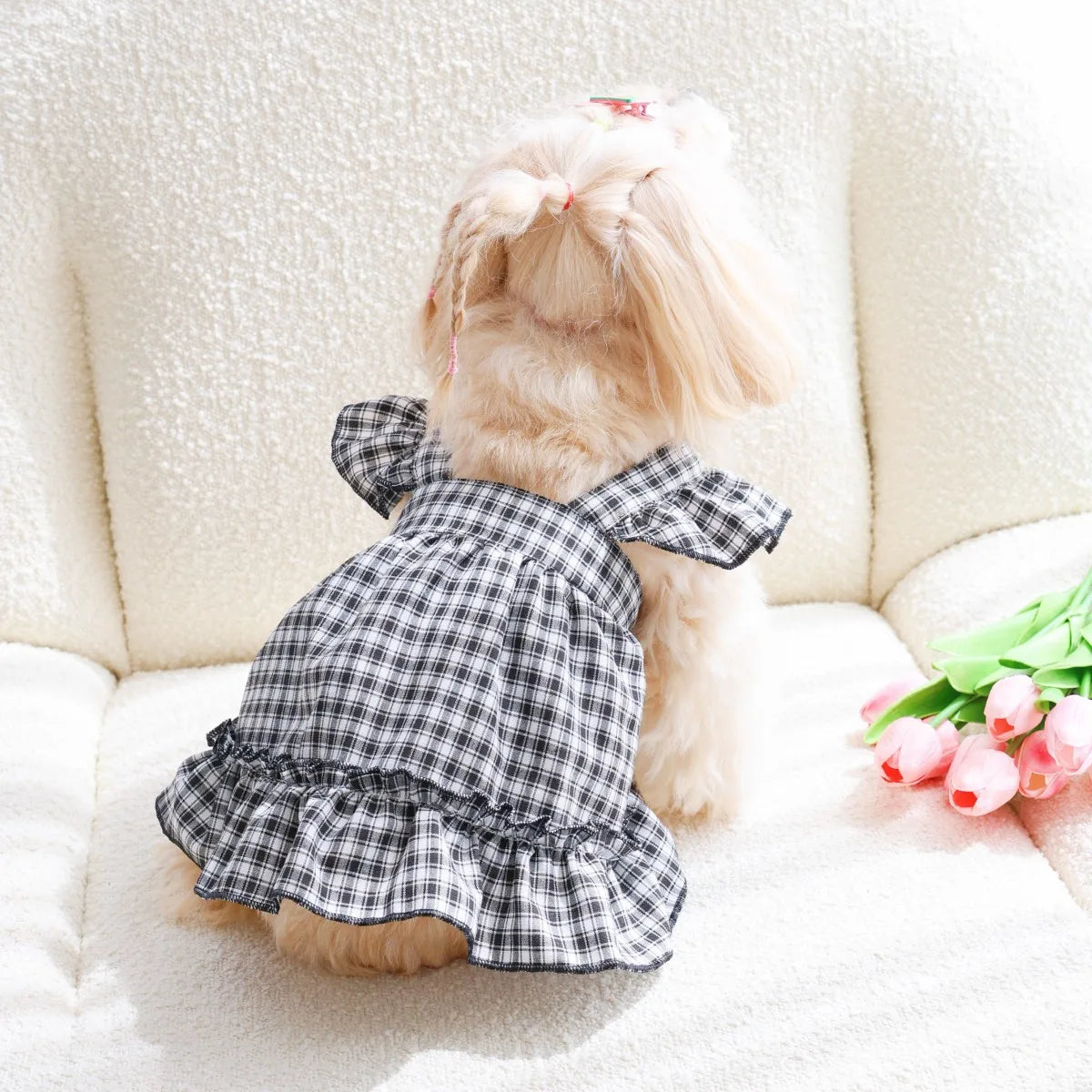 Plaid Spring Summer Dog Vest Red Skirt Flying Sleeve Clothes for Small Dogs
