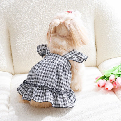 Plaid Spring Summer Dog Vest Red Skirt Flying Sleeve Clothes for Small Dogs