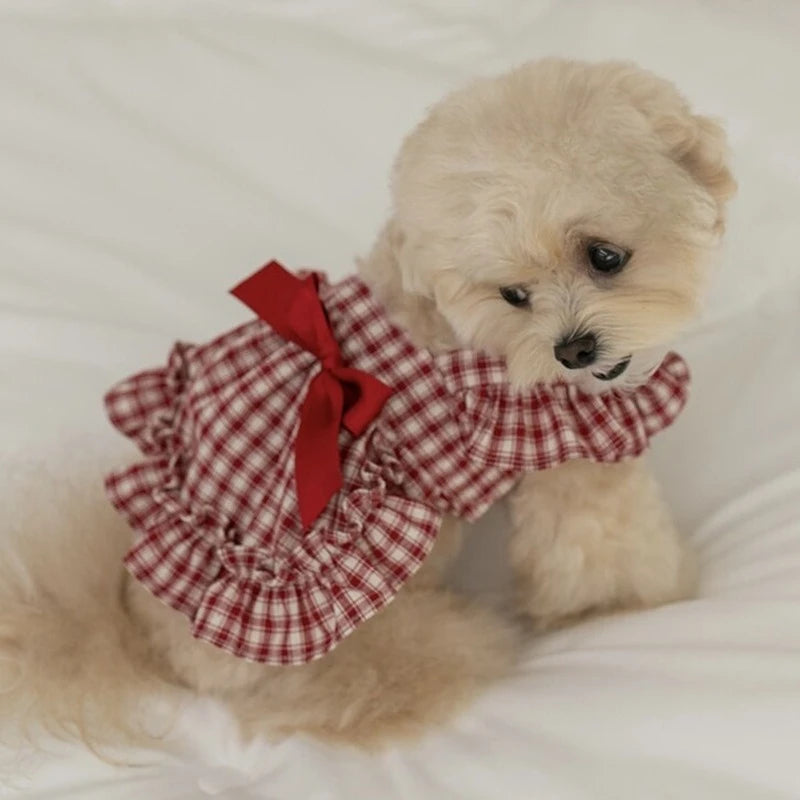 Spring Plaid Pet Dress With Bow For Small Dogs And Cats