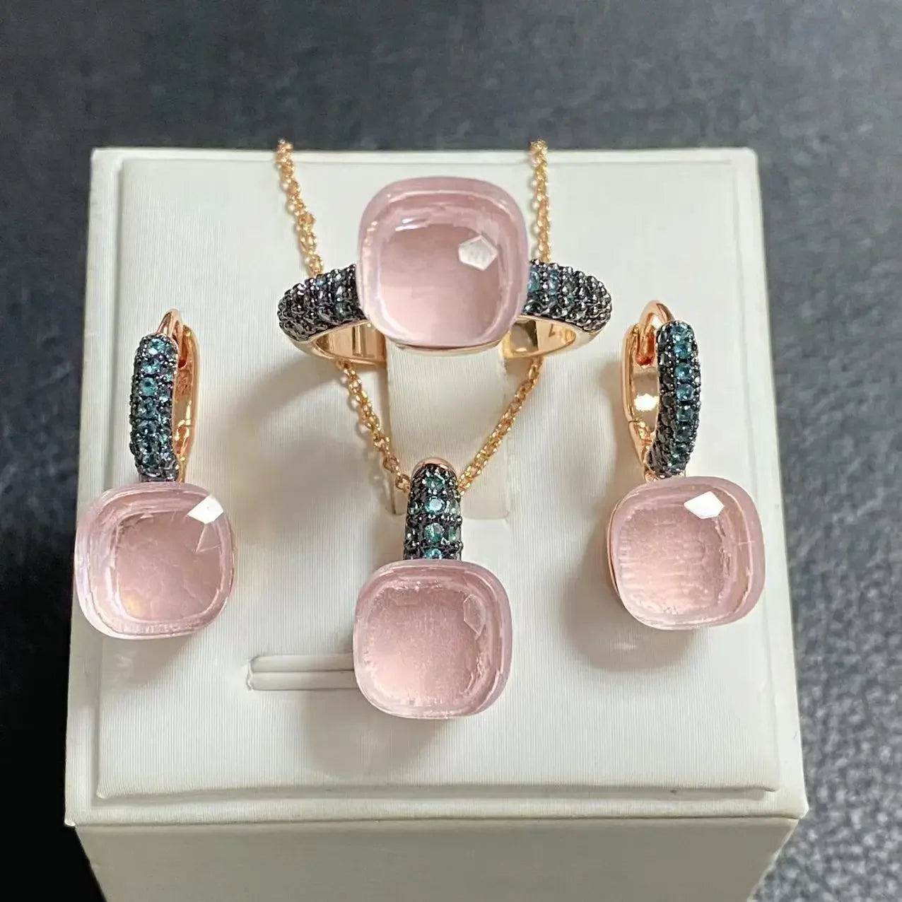 Gun Black Plated Blue Zircon Jewelry Set for Women Includes Ring Earrings Necklace Elegant Crystal Blue Topaz Gift